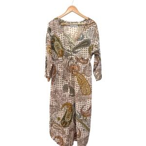 One Season Australia‎ Paisley Cotton Midi Dress XL Boho V-Neck Drawstring Kaftan